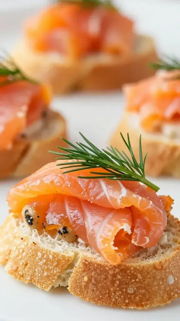 dill sprig garnish on smoked salmon crostini, closeup