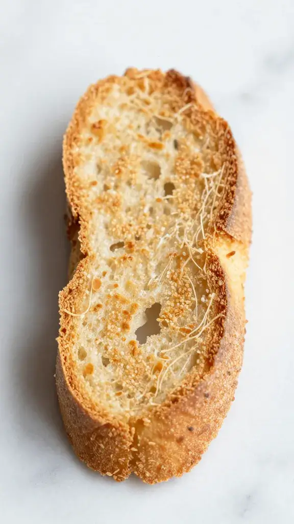 crisp crostini crumb texture against marble surface, macro