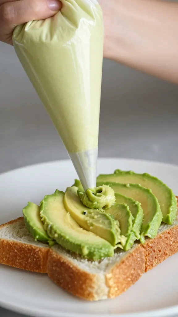 piping bag adding avocado crema onto toast, closeup