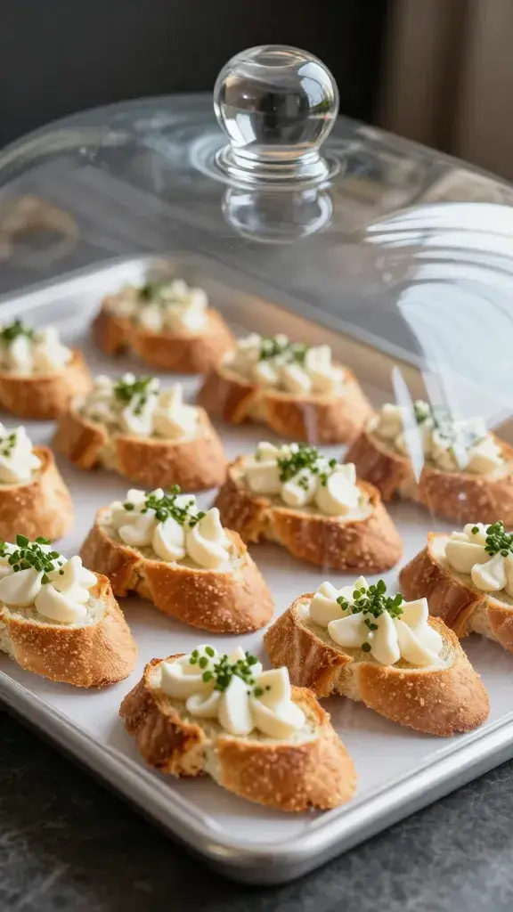 chilled tray of prepared crostini under cloche, close focus
