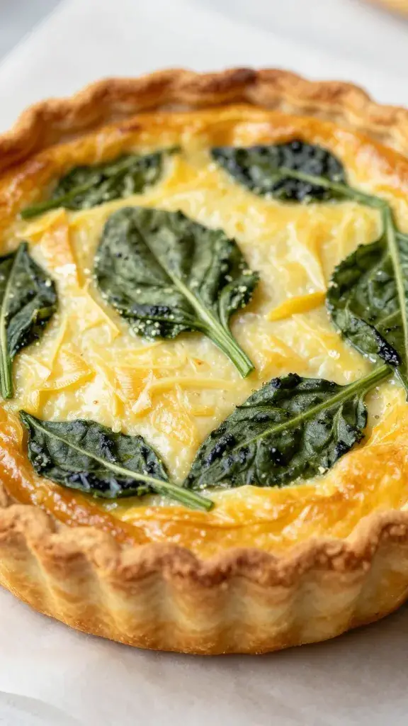 closeup of golden mini spinach quiche on parchment