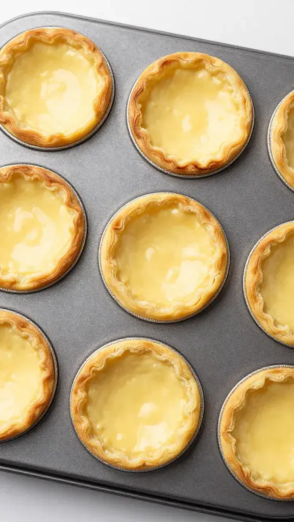 overhead of one mini quiche in muffin tin well