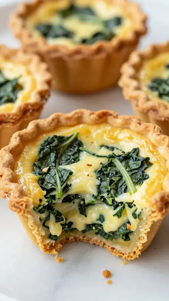 bitten mini spinach-cheese quiche showing custardy center