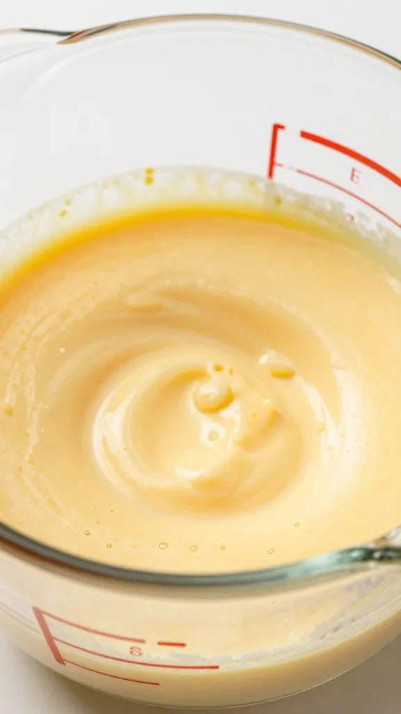 whisked egg mixture in glass measuring cup, closeup