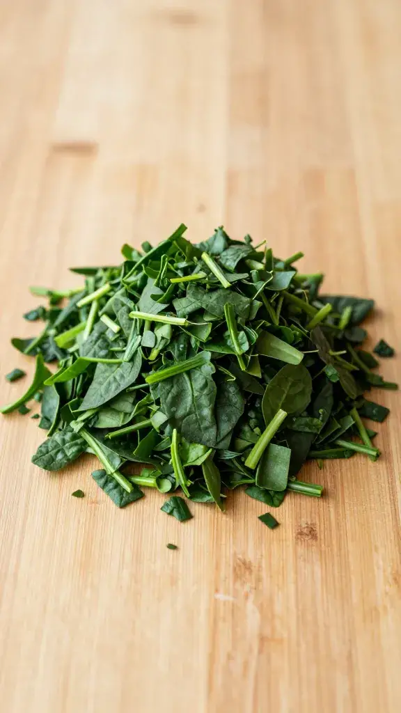 small mound of chopped spinach on wooden board