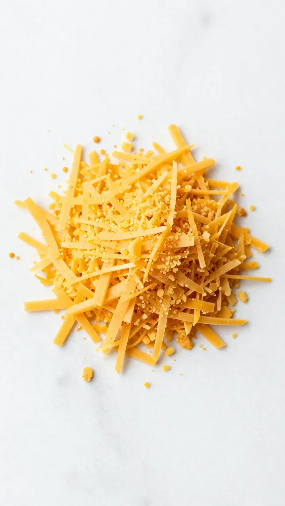 grated cheddar pile on white marble surface
