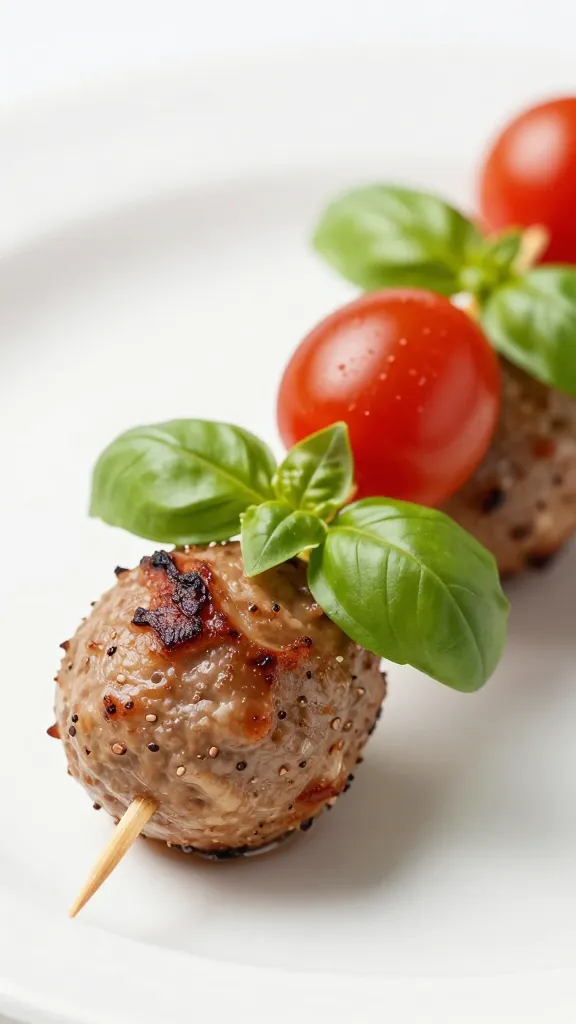 closeup mini meatball skewer with basil and cherry tomato