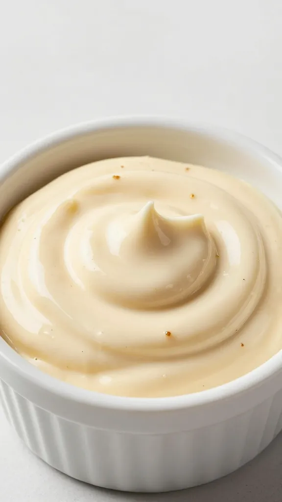 garlic parmesan dip in small white ramekin, glossy swirl