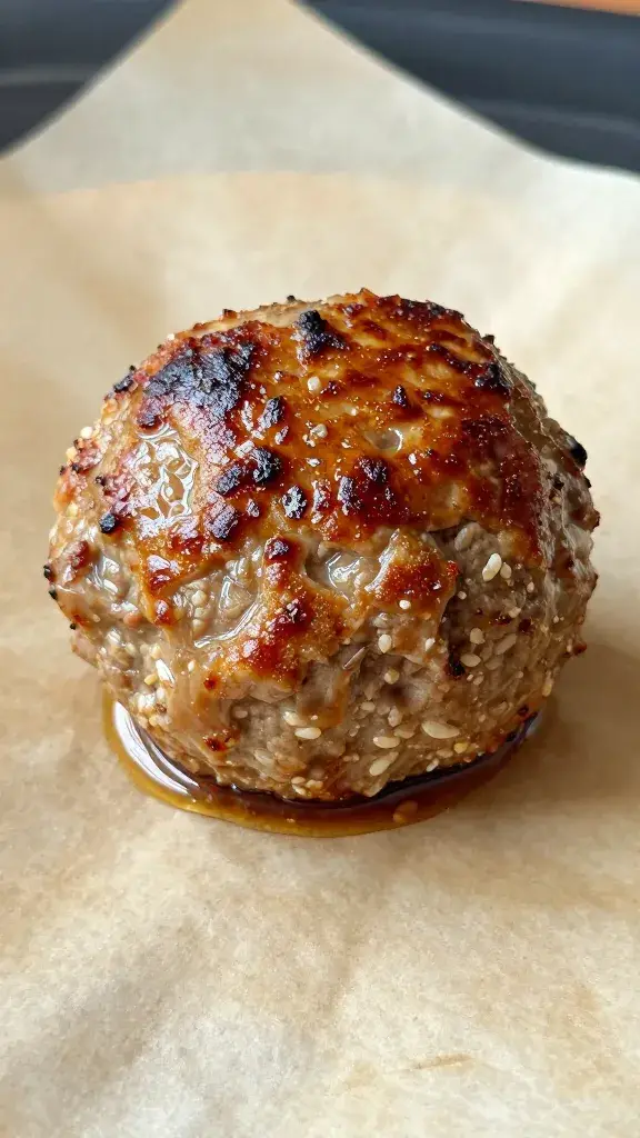 single baked meatball on parchment, browned and juicy