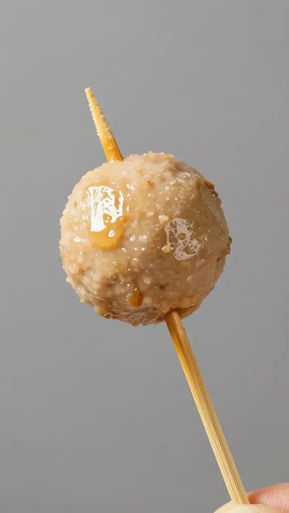 bamboo cocktail skewer piercing one meatball, macro shot