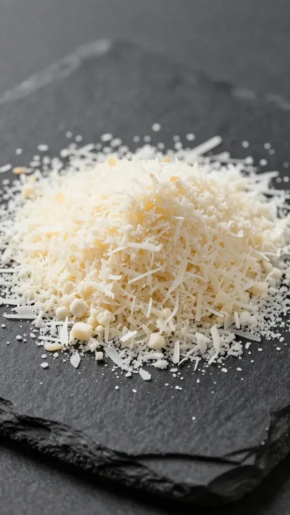 grated parmesan mound on dark slate, fine texture