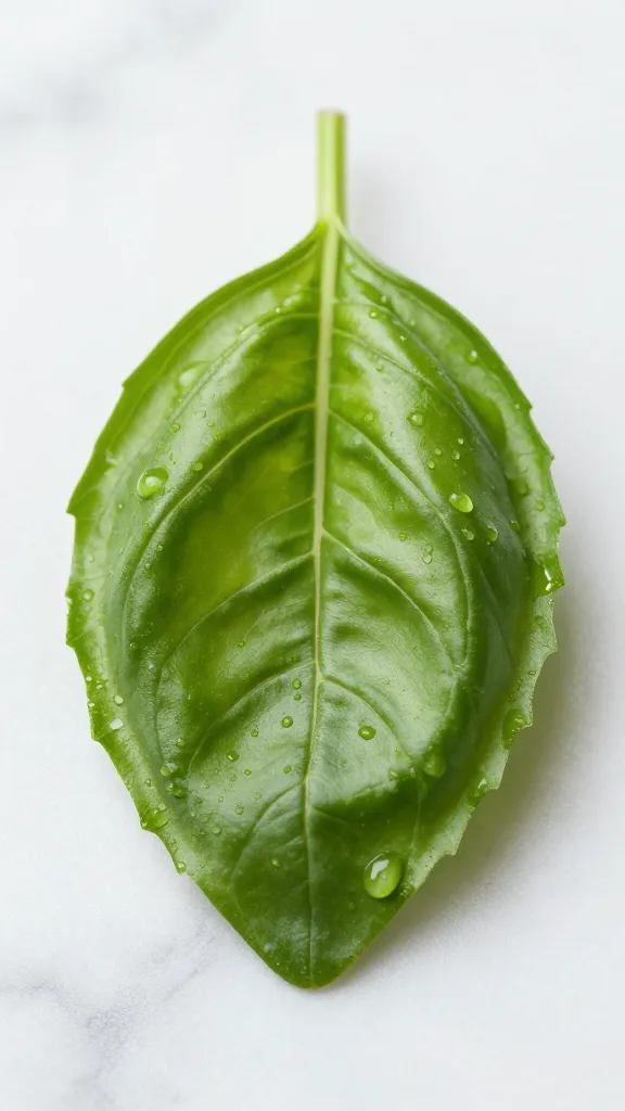 fresh basil leaf on marble, dewy and vibrant