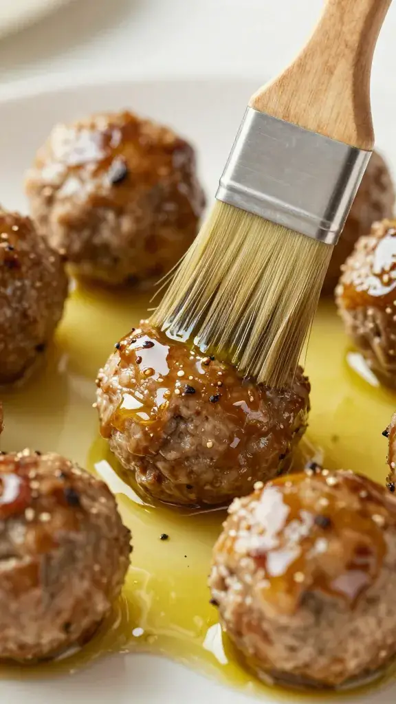 brushed olive oil on meatball surface, shimmering glaze
