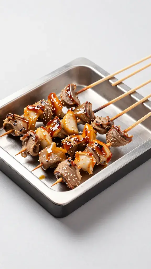 single platter corner with arranged skewers, shallow depth