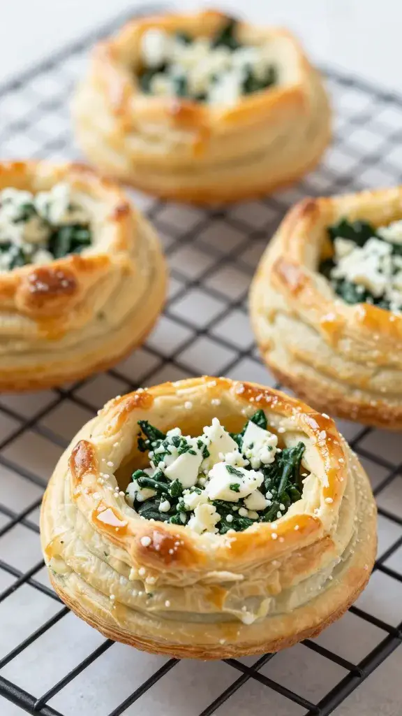 closeup of spinach feta puff pastry pinwheel on cooling rack