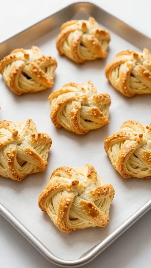 golden puff pastry pinwheel on parchment-lined sheet pan
