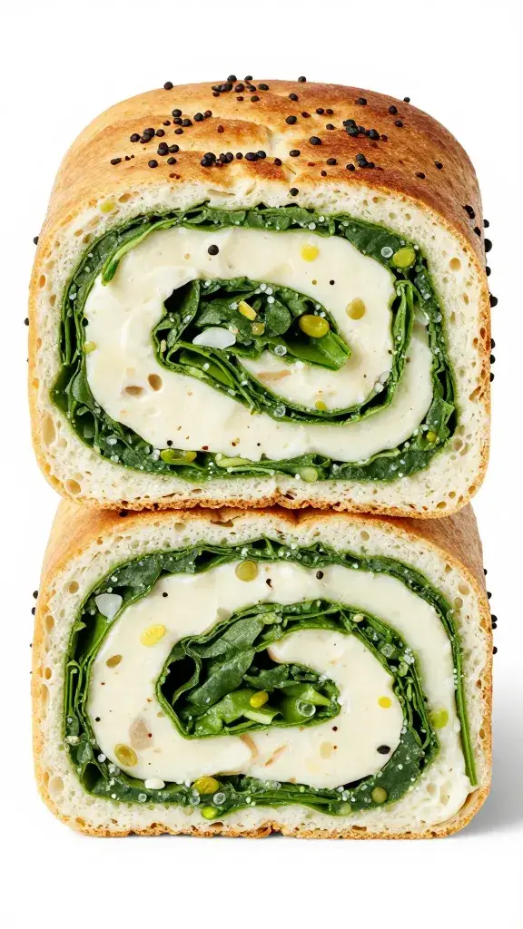 cross-section of spinach feta pinwheel showing layers