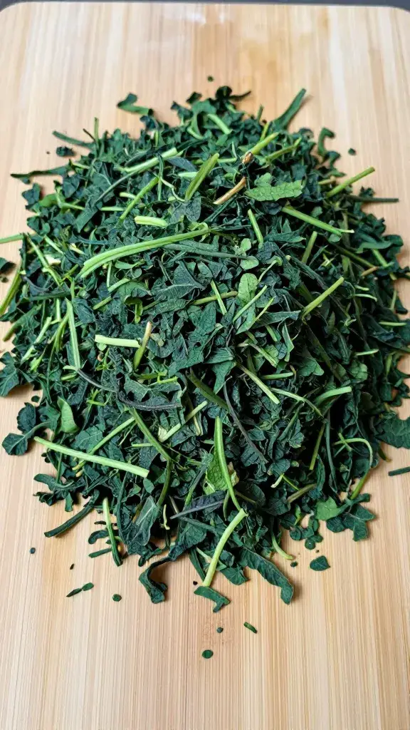 finely squeezed dry spinach mound on cutting board