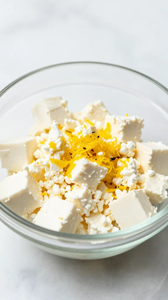 feta crumbles in small prep bowl with lemon zest