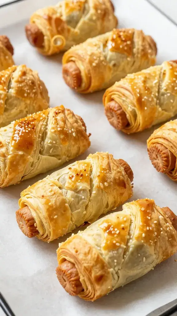 golden sausage roll pinwheel on parchment, flaky layers visible