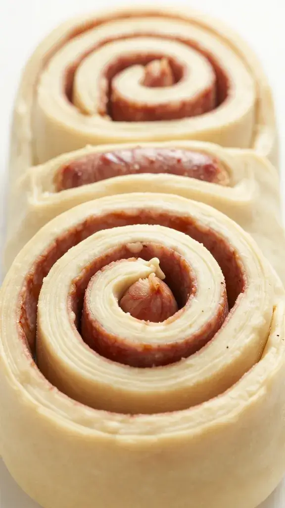 closeup of unbaked pinwheel log, tight spiral of sausage