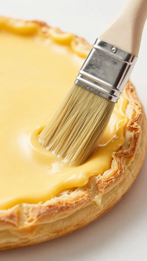 brushed egg wash on puff pastry edge, pastry brush closeup