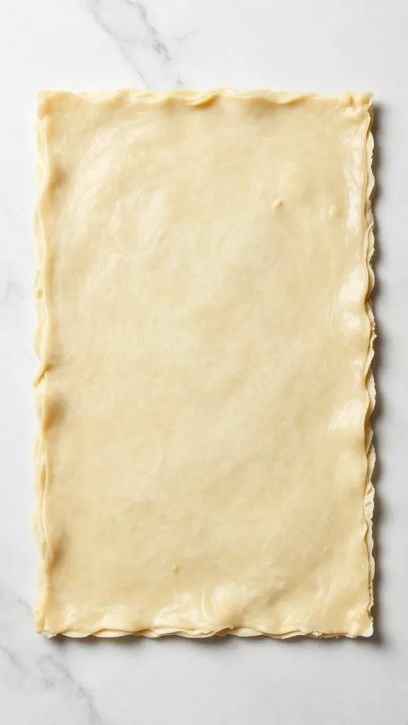 thawed but cold puff pastry sheet on marble surface