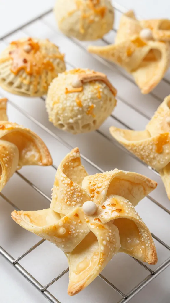 cooled pinwheel on wire rack, steam-condensed flaky crust