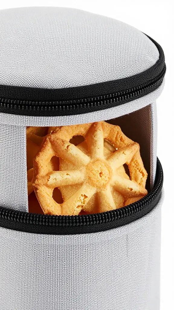 insulated food carrier zipper closeup, holding one pinwheel