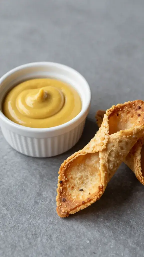 small dipping ramekin of mustard beside one pinwheel