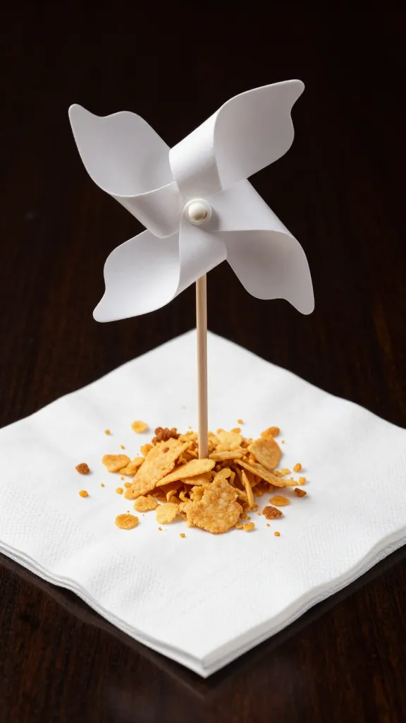 single pinwheel on white cocktail napkin, crumbs crisp