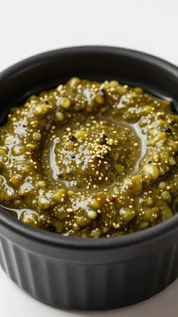 closeup of olive tapenade in small black ramekin