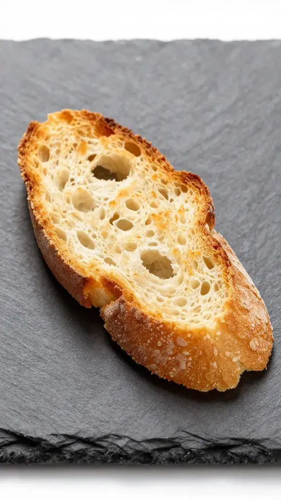 single crostini slice, golden and crisp, on slate board