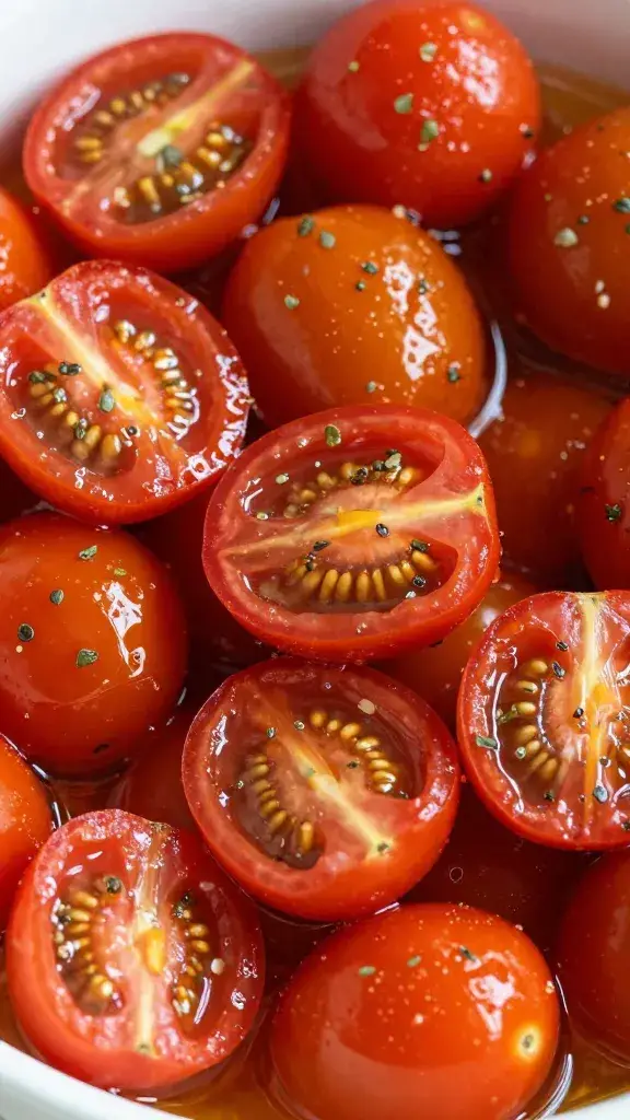marinated cherry tomato half glistening with herbs