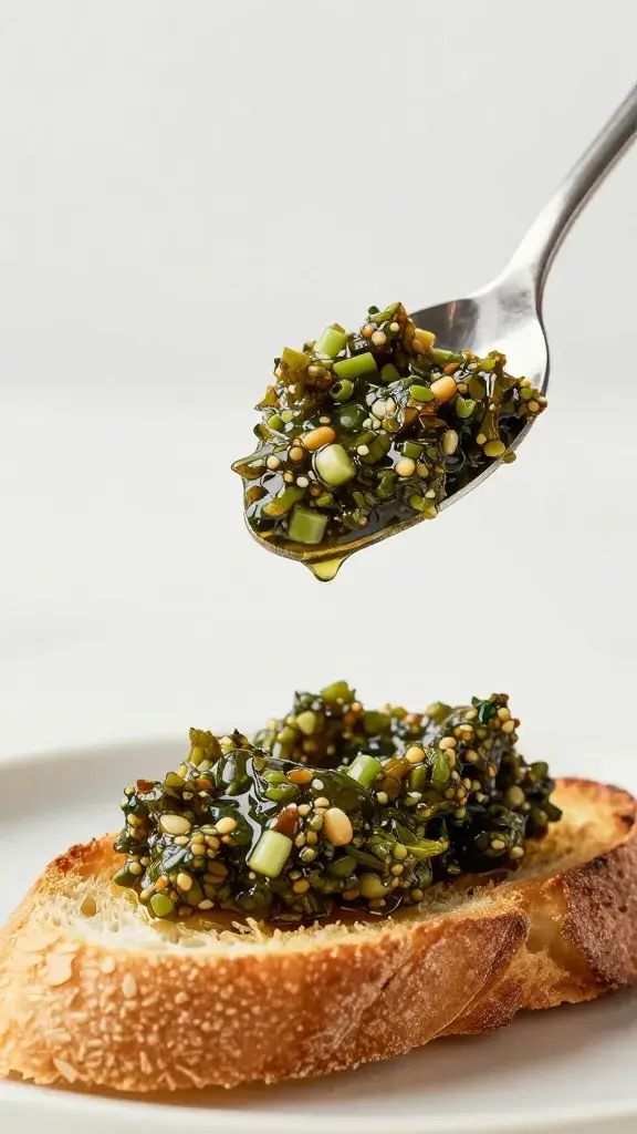 spoonful of tapenade hovering over toasted baguette