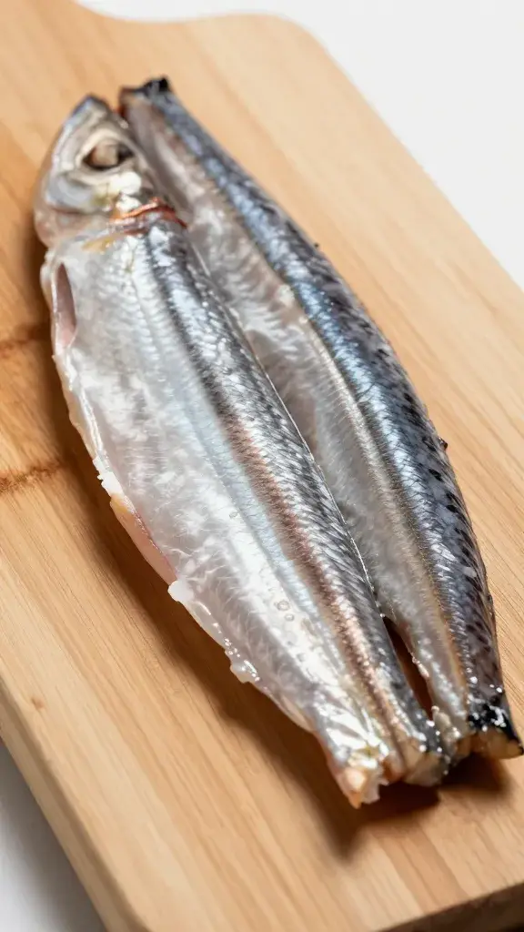 anchovy fillet draped on wood board, studio lighting
