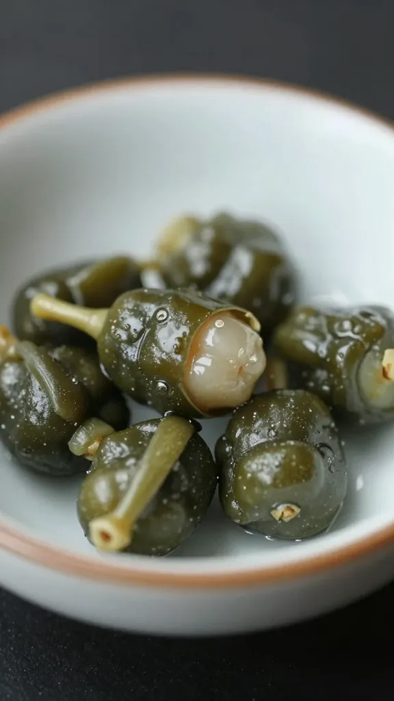 capers in tiny porcelain dish, macro detail