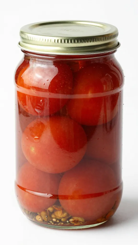 glass jar of marinated tomatoes, sealed and labeled