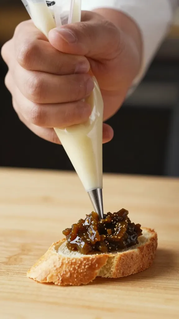 chef’s hand piping tapenade onto one crostini