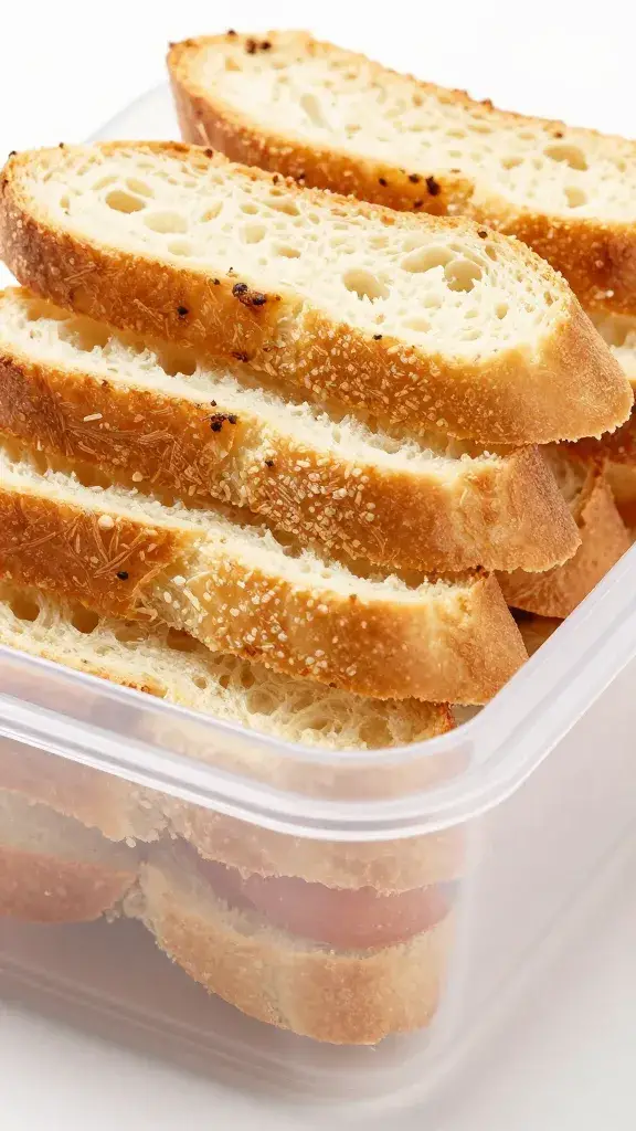 travel container of crostini, neatly stacked, closeup