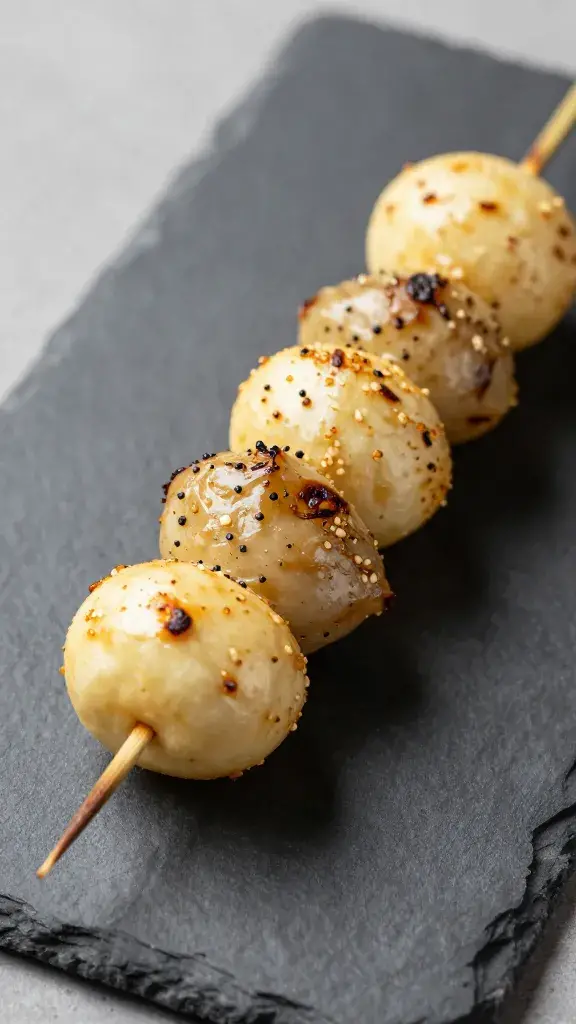 closeup manchego and quince skewer on slate board