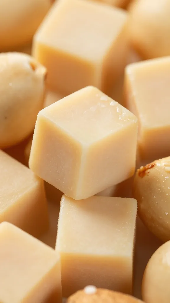 macro shot marcona almond atop quince-manchego cube