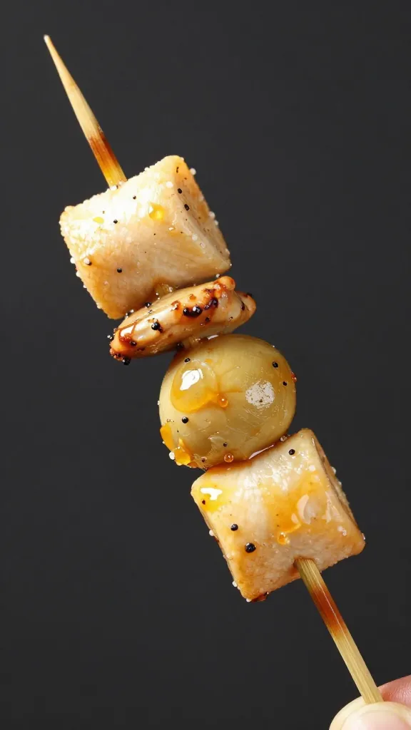 manchego quince skewer with sherry vinegar droplet