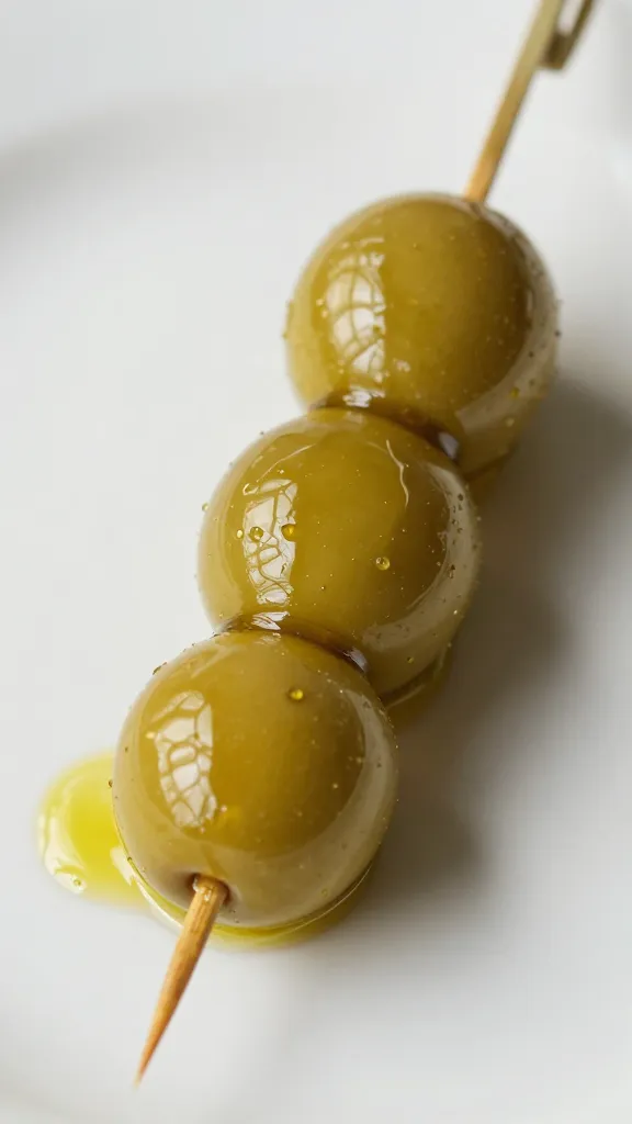 glossy olive oil drizzle on manchego quince skewer