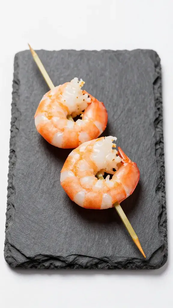 single shrimp skewer on small slate tapas plate