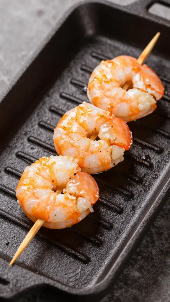 shrimp skewer resting on cast-iron grill marks