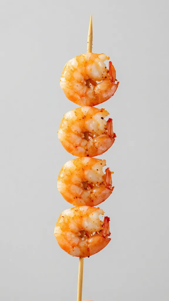 single bamboo skewer threaded with paprika-dusted shrimp