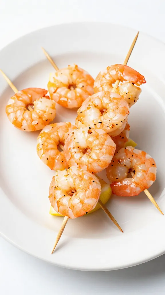 shrimp skewer over lemon wedge on white plate