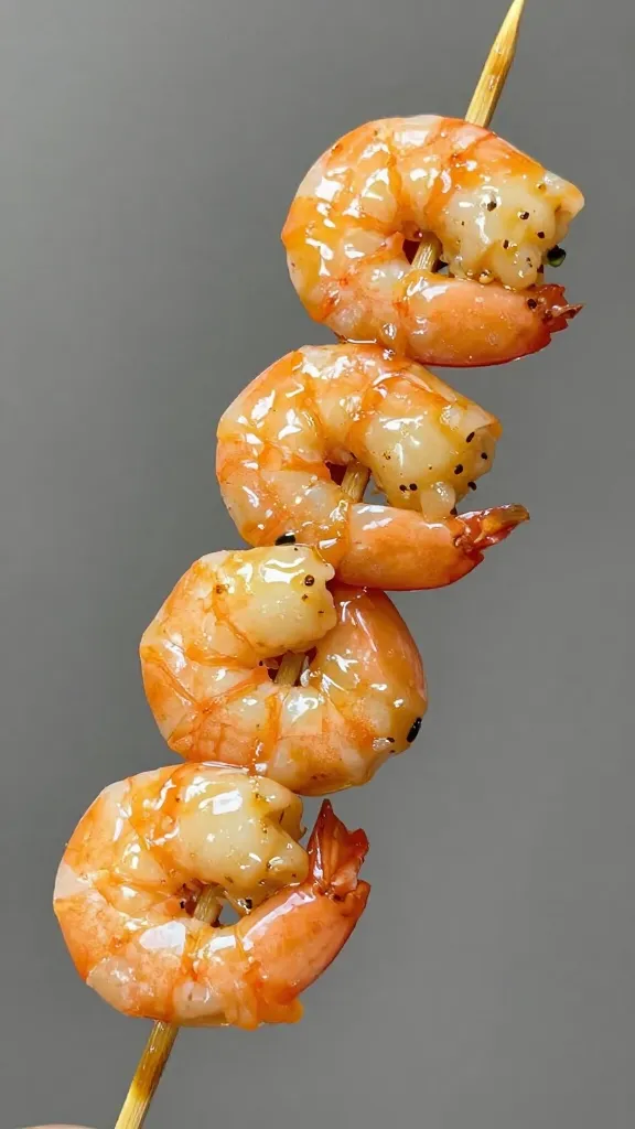 glossy olive-oil coated shrimp skewer, tight crop