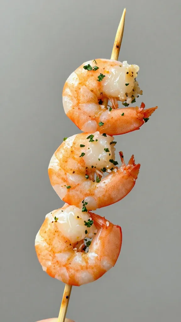 single shrimp skewer sprinkled with chopped parsley